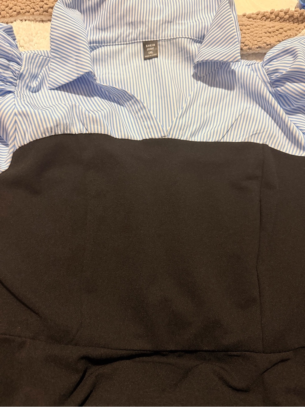 SHEIN Black Bodice with Blue-White Striped Puff Sleeve Shirt